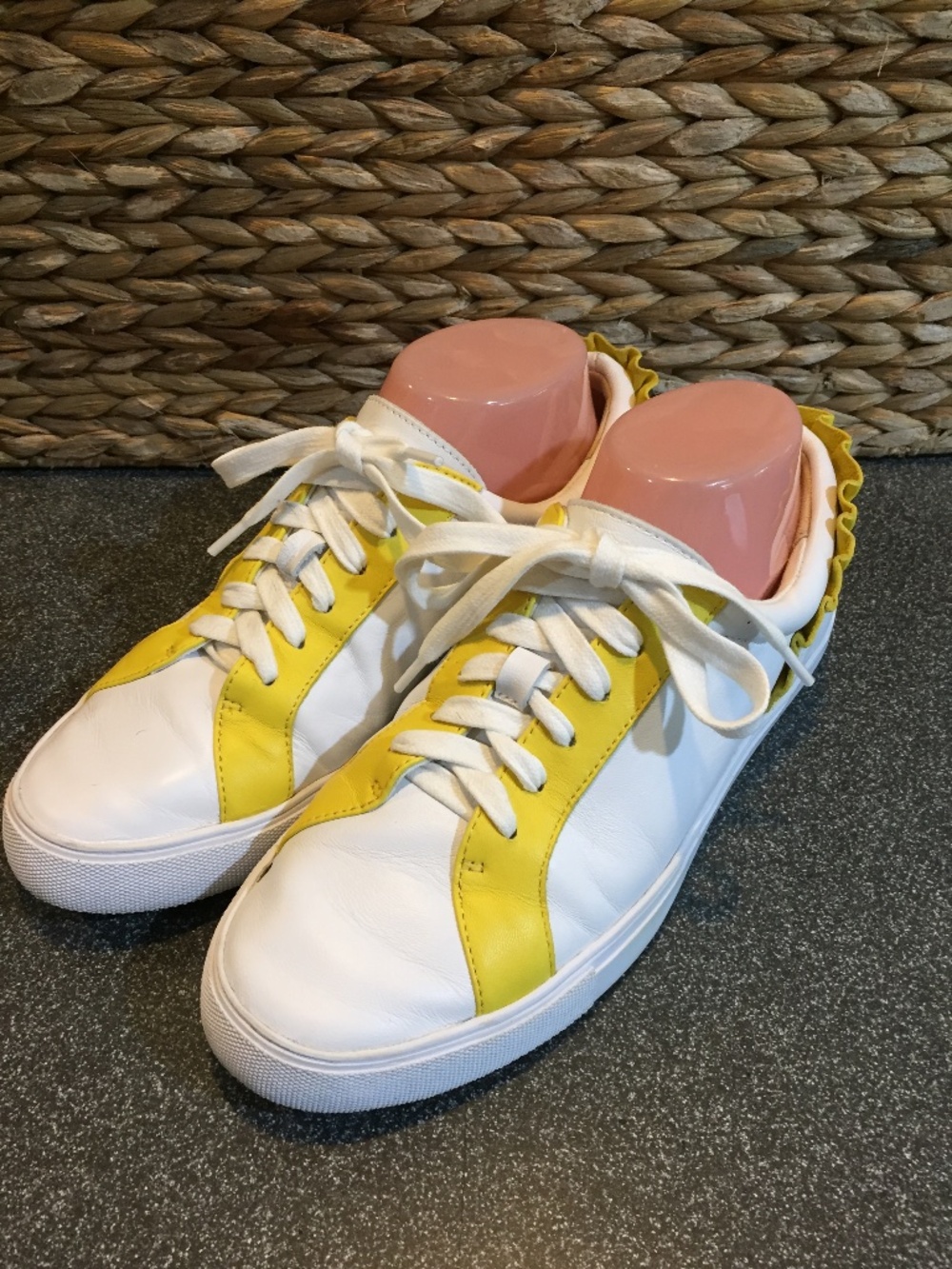Talbots White and Yellow Leather Ruffle-Back Sneakers